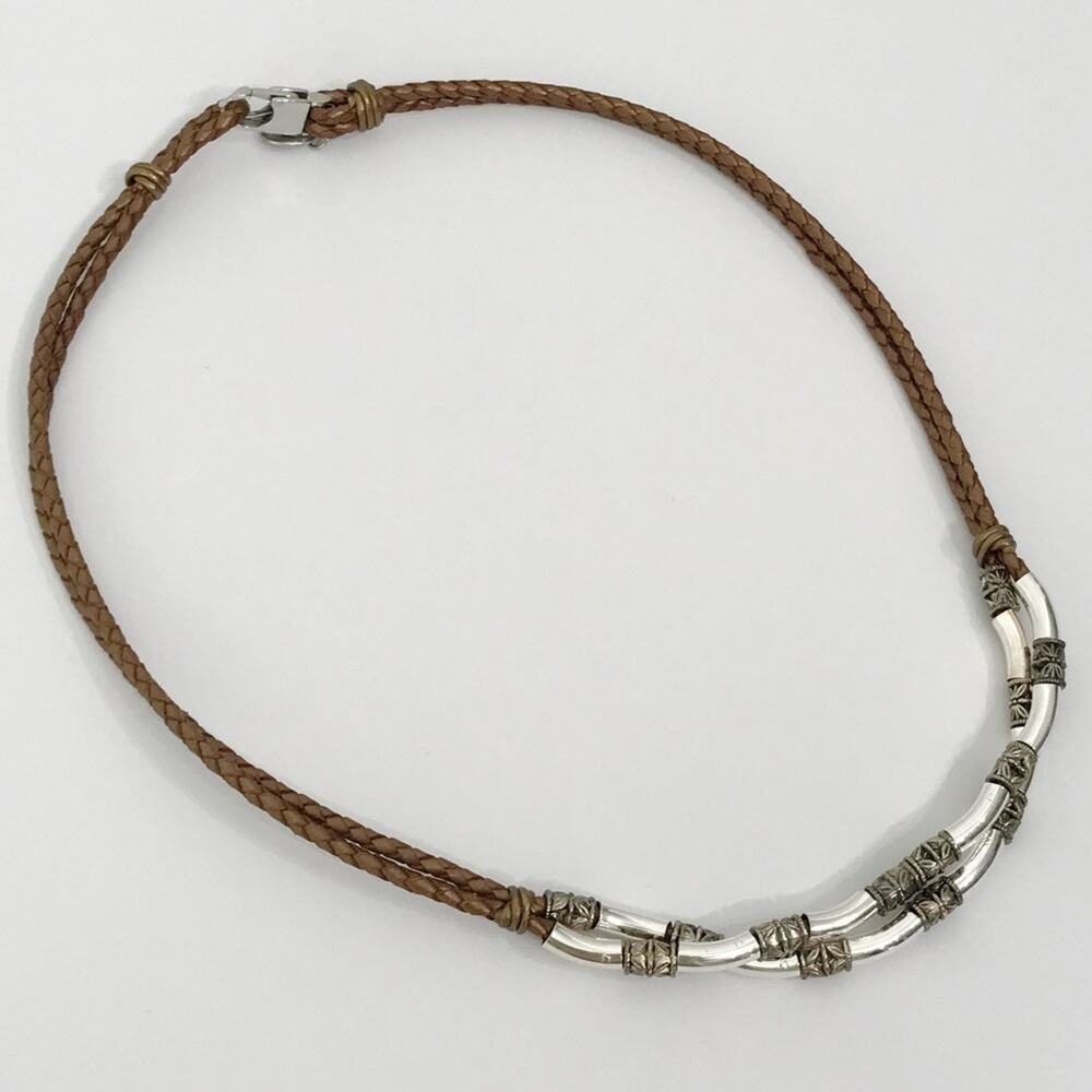 Lizzy James Metal Bar Tube Bead Choker Necklace Brown Braided Leather Layered